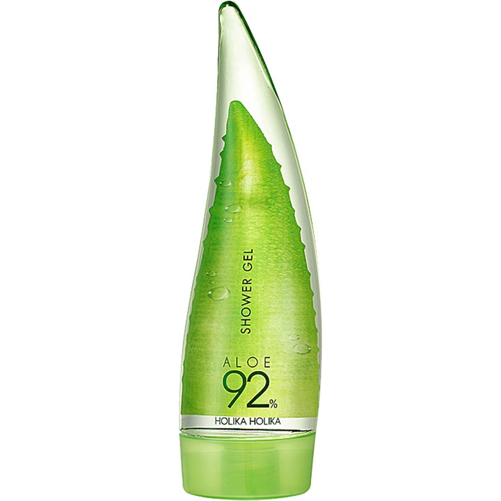Holika Holika Aloe 92% Shower Gel fugtgivende kropsvask i en unik gennemsigtig flaske formet som et grønt aloe vera-blad.