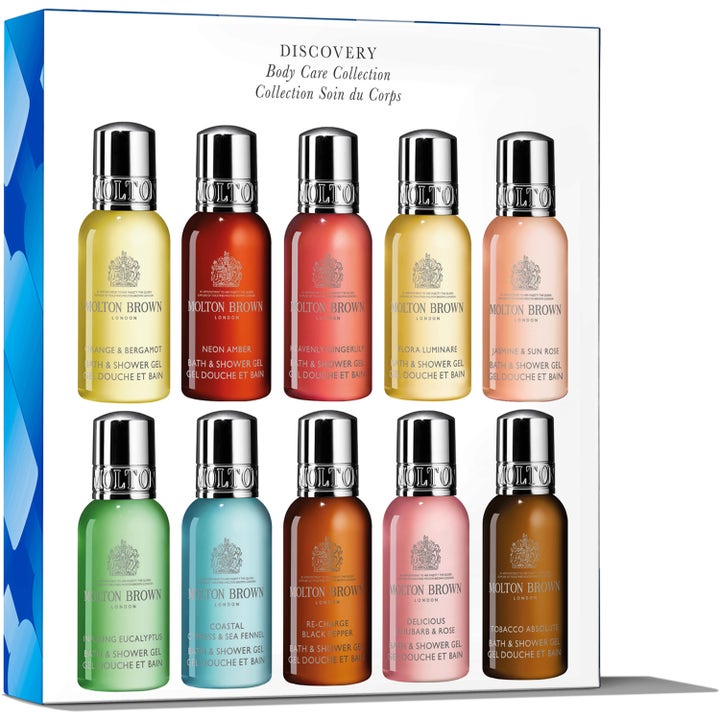 Molton Brown Discovery Body Care Collection 10x30 ml forfriskende showergel i ti farverige flasker med sølvlåg i hvid æske
