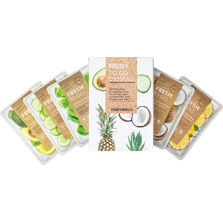 Tonymoly Fresh To Go Sheet Mask Set 5 stk fugtgivende sheet masker i hvid æske prydet med friske frugtmotiver