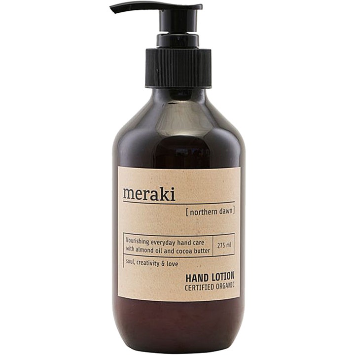 Meraki Northern Dawn Hand Lotion 275 ml nærende økologisk håndpleje i mørk flaske med sort pumpe