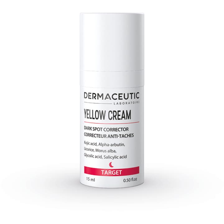 Dermaceutic Yellow Cream 15 ml mod pigmentpletter er en punktbehandling i en hvid cylinderformet pumpeflaske.