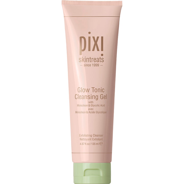 Pixi Glow Tonic Cleansing Gel 135 ml eksfolierende ansigtsrens med glykolsyre i ferskenfarvet tube med lysegrønt låg