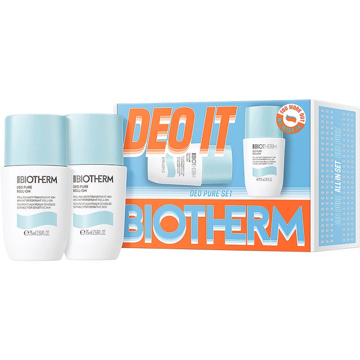 Biotherm Deo Pure Set 2x75 ml beskyttende antiperspirant roll-on i hvide flasker med lyseblå låg og farverig gaveæske.