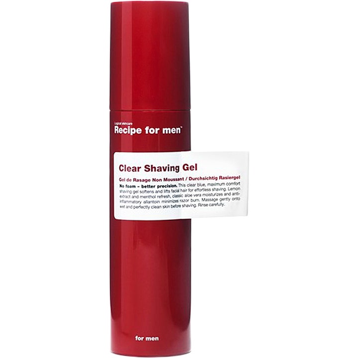 Recipe for men Clear Shaving Gel 100 ml modvirker barberbrand i en rød cylinderformet beholder