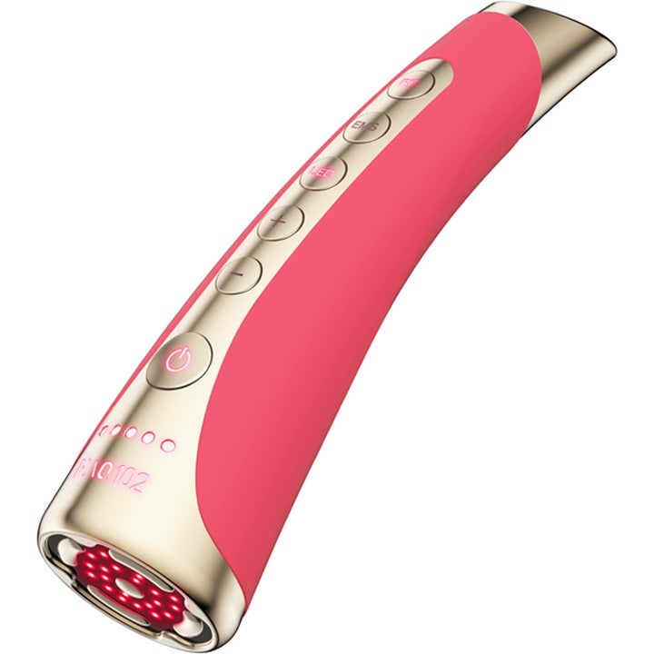 FAQ Swiss FAQ 102 LED-Pulse Facial Device 1 stk opstrammende beauty tech i pink og guld med rødt LED lys