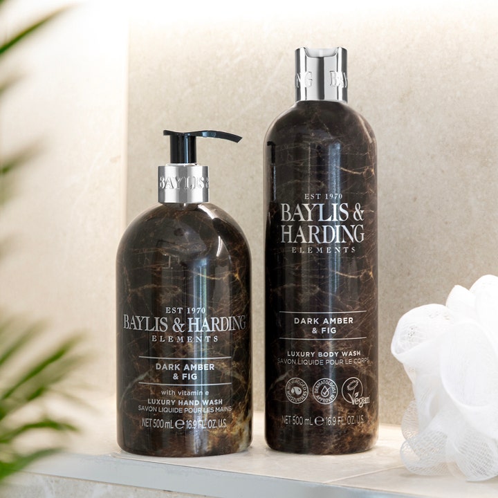 Baylis & Harding Elements Dark Amber & Fig 500 ml håndsæbe og body wash i marmorerede flasker