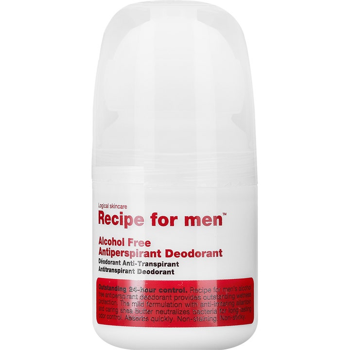 Recipe for men Alcohol Free Antiperspirant Deodorant 75ml giver 24 timers beskyttelse i hvid roll-on med rødt logo.