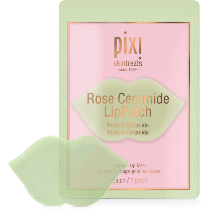 Pixi Rose Ceramide LipPatch 1 stk fugtgivende læbemaske med rose og ceramider vist som en lysegrøn hydrogel patch.
