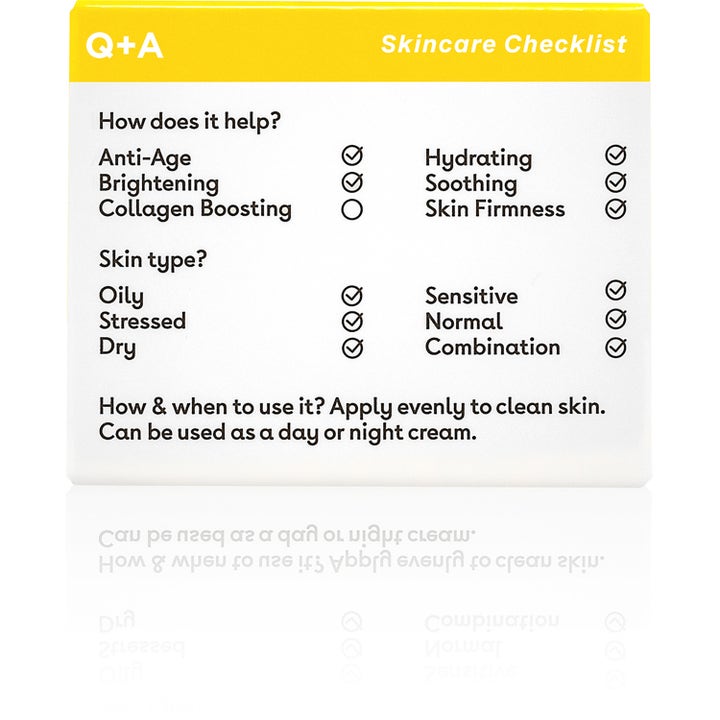 Q+A Ceramide Defence Face Cream 50 g beroligende ansigtscreme med checkliste over fordele og hudtyper på emballagen