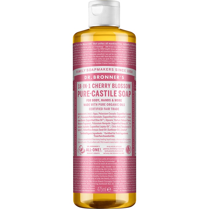 Dr. Bronner's Cherry Blossom Soap 475 ml renser og plejer huden i en klar plastflaske med lyserød etiket og hvidt låg.
