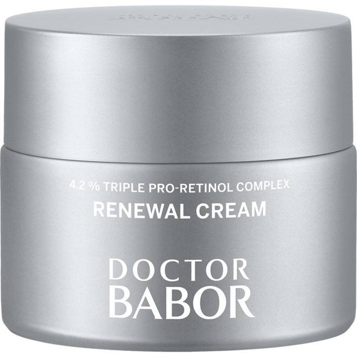 Doctor Babor Renewal Cream fornyende ansigtscreme med retinol i en elegant sølvfarvet krukke med metallisk finish