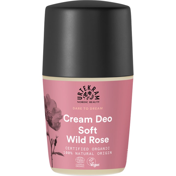 Urtekram Soft Wild Rose Cream Deo plejende økologisk deodorant med lyserød etiket, roseillustration og mat sort låg