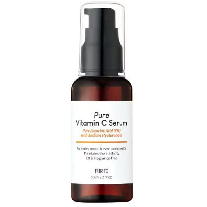 Purito Pure Vitamin C Serum 60 ml glødgivende ansigtsserum i mørk glasflaske med hvid label og sort pumpe