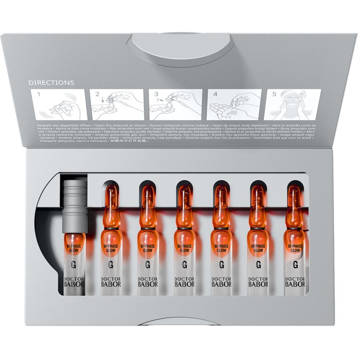 Babor Glow Bi-Phase Ampoule Serum Concentrate 14 ml glødgivende serum i åben grå æske med syv glasampuller