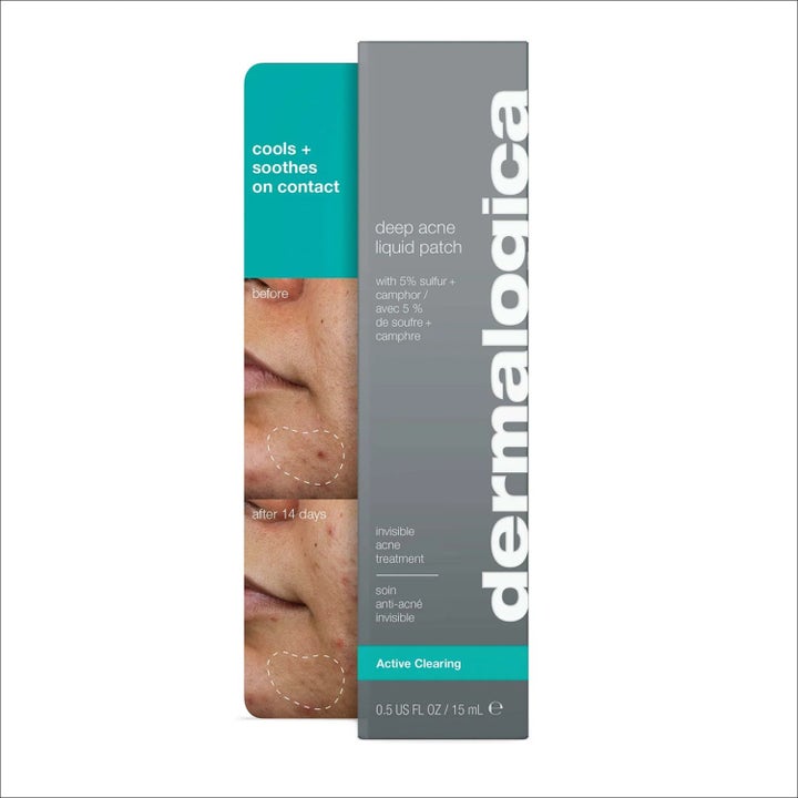 Dermalogica Deep Acne Liquid Patch Duo 2x15 ml beroligende behandling i grå æske med før og efter resultater