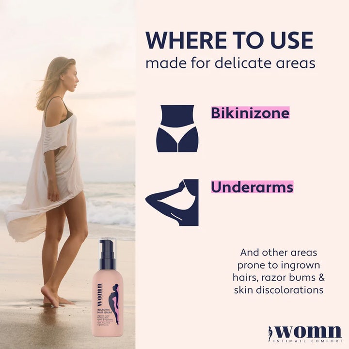Womn Ingrown Hair Serum 50 ml intimpleje mod indgroede hår vist med ikoner for bikinizone og kvinde på strand.