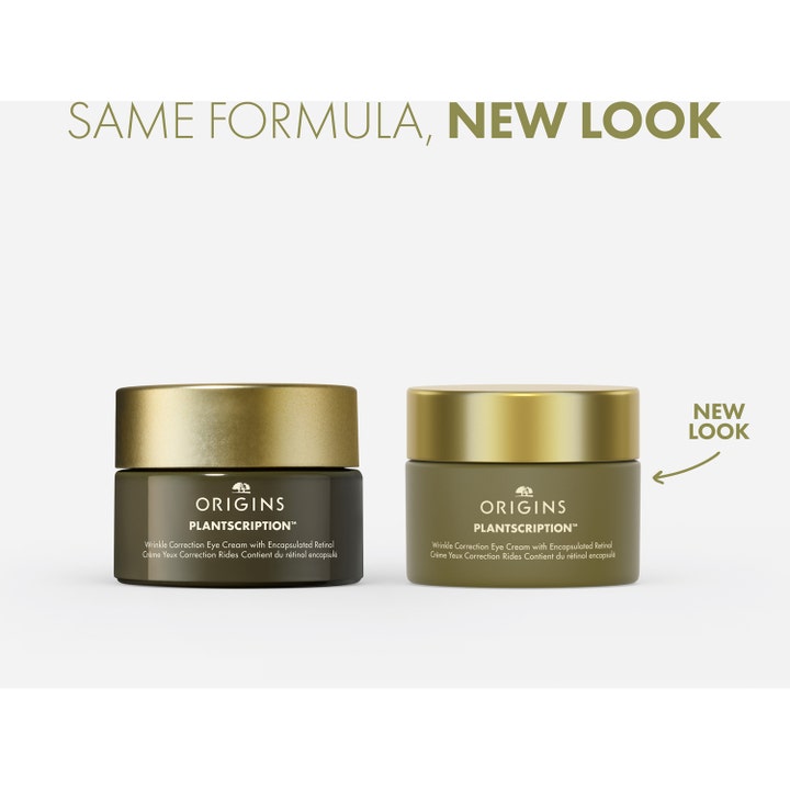Origins Plantscription Wrinkle Correction Eye Cream 15 ml i gammelt og nyt grønt glas med guldåg.