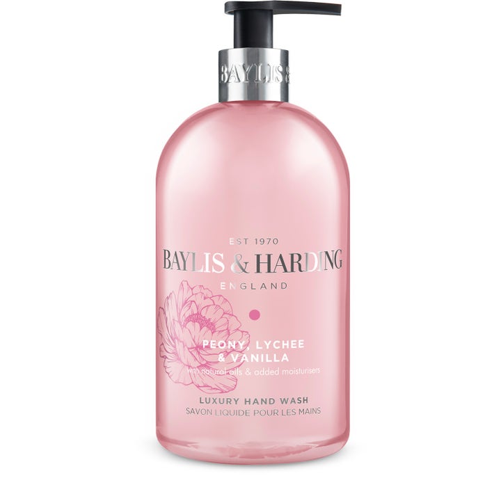Baylis & Harding Peony, Lychee & Vanilla 500 ml flydende håndsæbe i lyserød flaske med sølvpumpe