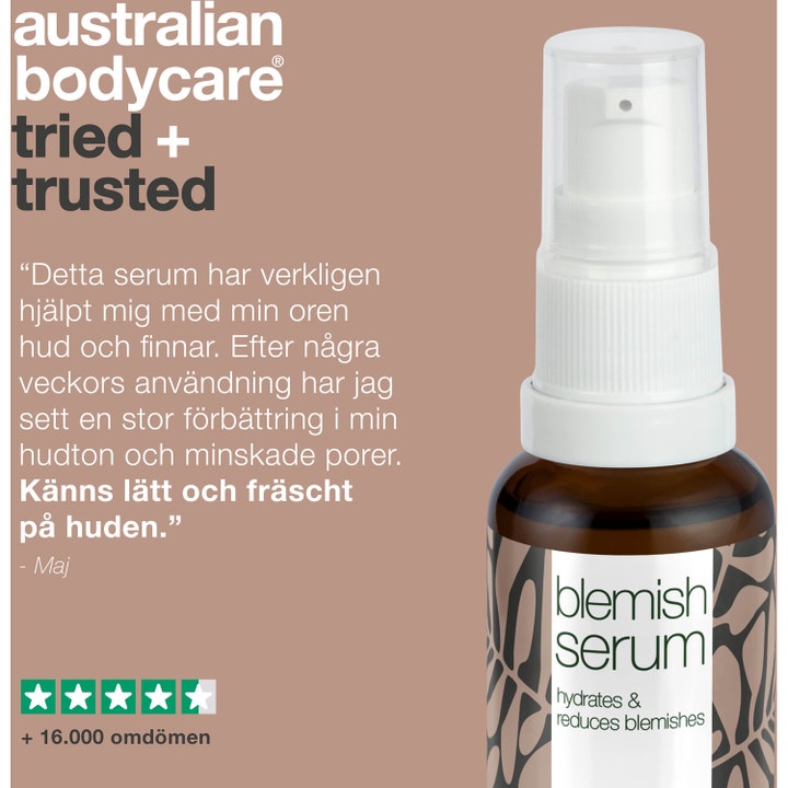 Australian Bodycare Blemish Serum 30 ml mod urenheder i brun glasflaske med hvid pumpe og kundeudtalelse