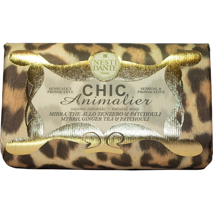 Nesti Dante Chic Animalier 250 g plejende fast sæbe indpakket i leopardmønstret papir med elegante gulddetaljer