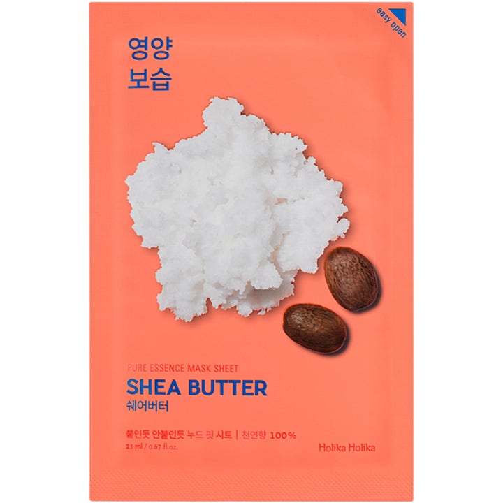 Holika Holika Pure Essence Mask Sheet Shea Butter 23 ml nærende sheet mask i orange sachet med hvidt sheasmør
