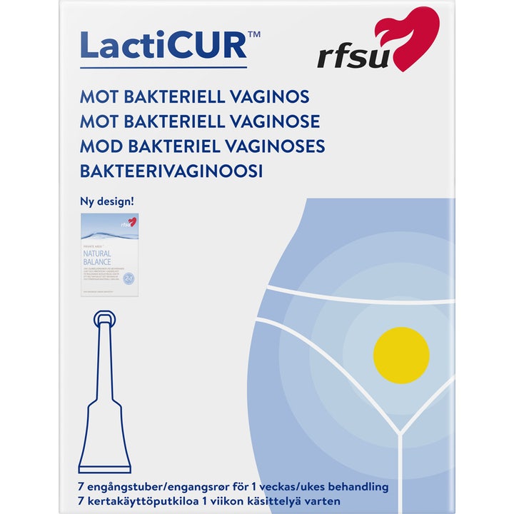 RFSU LactiCUR 7 stk mod bakteriel vaginose i hvid papæske med blå illustration af en krop