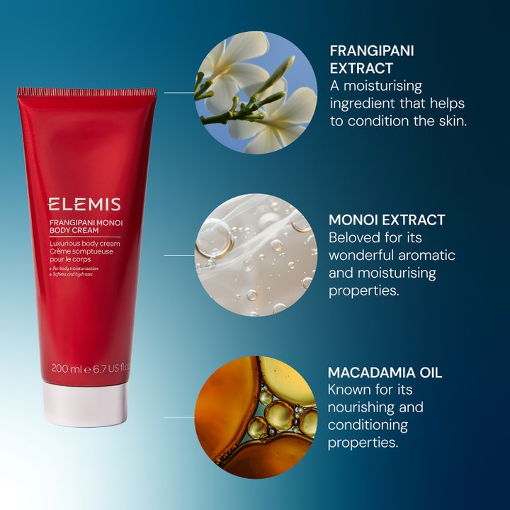 Elemis Frangipani Monoi Body Cream 200 ml kropscreme i rød tube med nærende frangipani, monoi og macadamiaolie.