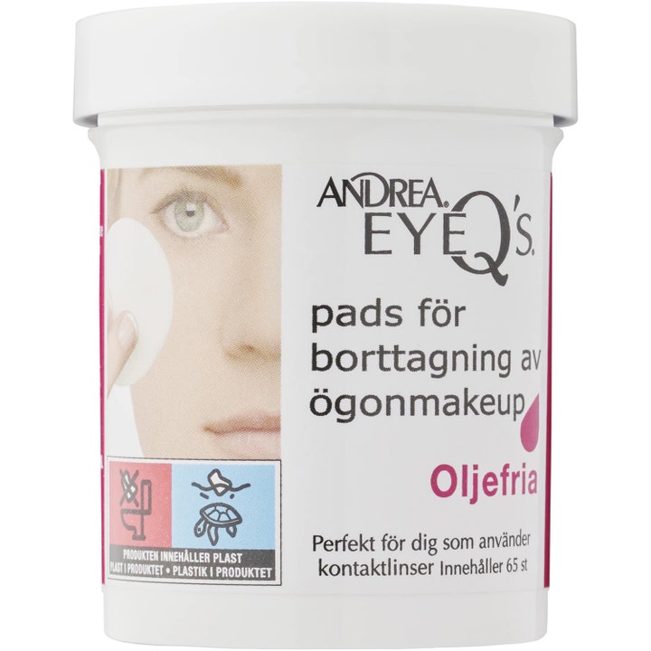 Andrea EyeQ's 65 stk oliefrie makeupfjerner pads i hvid plastbeholder til skånsom rens af øjenområdet
