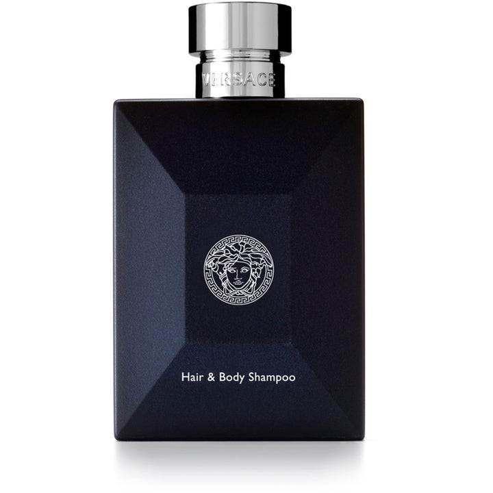 Versace Hair & Body Shampoo opfriskende kropspleje i en stilfuld mørk rektangulær flaske med sølv Medusa-logo