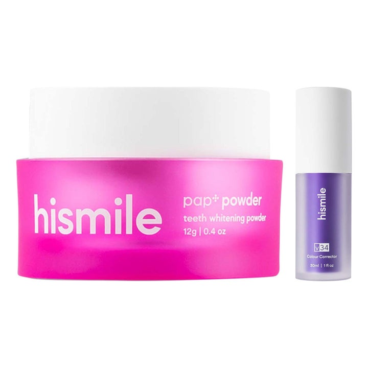 Hismile v34 Colour Corrector 30ml og PAP+ Powder 12g tandblegning i lilla serumflaske og pink krukke med hvide låg