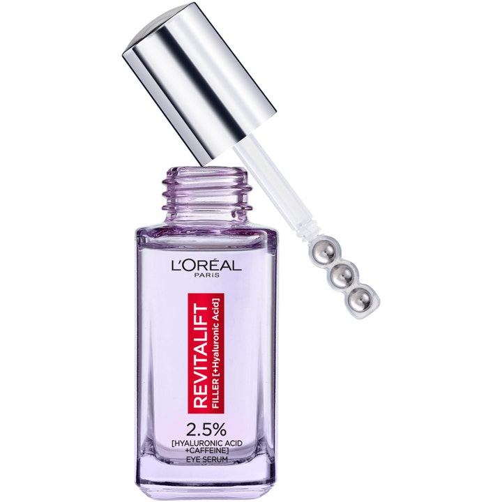 L'Oréal Paris Revitalift Filler 20ml øjenserum med hyaluronsyre i lilla glasflaske med tre kølende metalkugler.