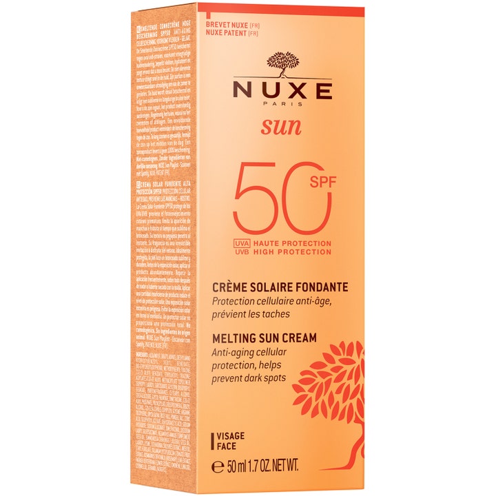 Nuxe Sun Melting Cream 50 ml SPF50 ansigtssolcreme i orange æske der modvirker mørke pletter og beskytter huden