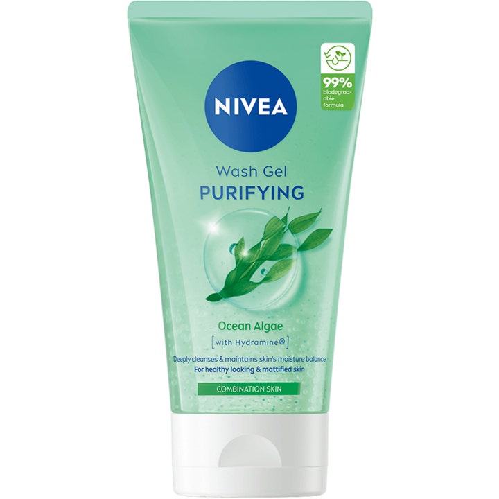 NIVEA Wash Gel Purifying 150 ml dybderensende ansigtsvask i lysegrøn tube med ocean algae der giver mat hud.
