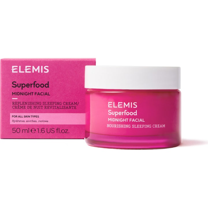 Elemis Superfood Midnight Facial 50 ml fugtgivende nattmaske i lilla glaskrukke med hvidt låg og pink æske.