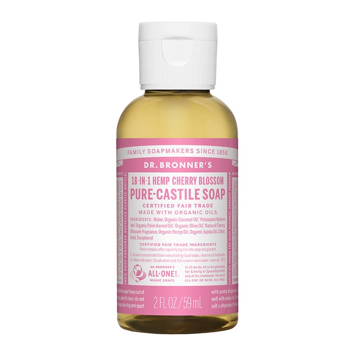 Dr. Bronner's Cherry Blossom Pure-Castile Soap 59 ml flydende sæbe med økologiske olier i plastflaske med lyserød etiket.