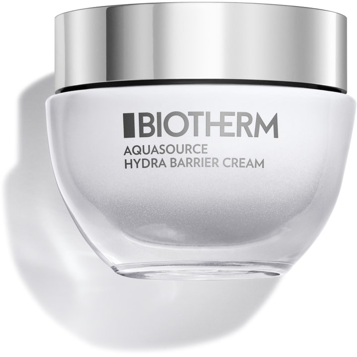 Biotherm Aquasource Hydra Barrier Cream fugtgivende ansigtscreme i hvid glaskrukke med sølvlåg.