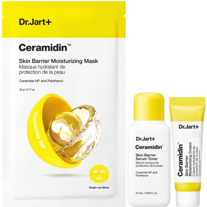 Dr.Jart+ Ceramidin Hello Moisture Travel Set 22 ml med ansigtsmaske, toner og creme i gul hvid emballage