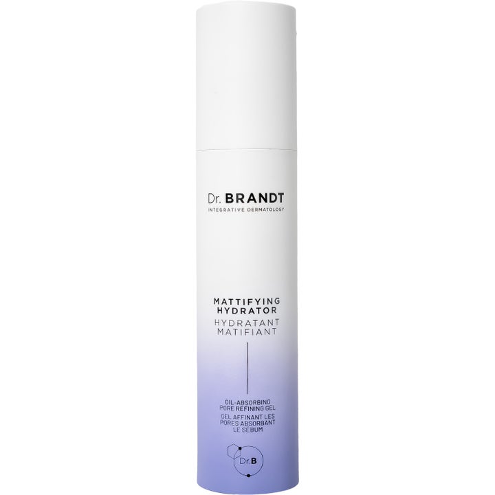 Dr. Brandt Mattifying Hydrator 50 ml poreforfinende ansigtsgel i hvid og lilla cylinderformet beholder