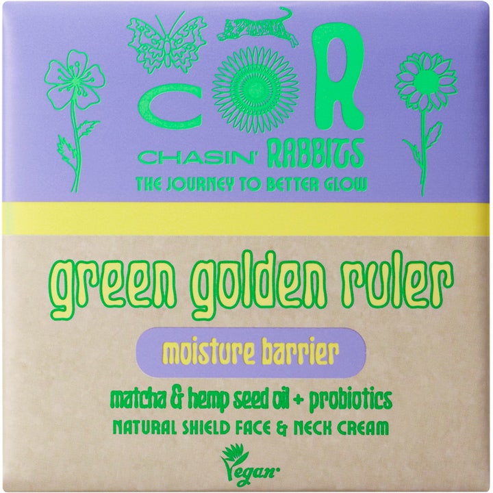 Chasin' Rabbits Green Golden Ruler 100 ml vegansk ansigtscreme med matcha og hampfrøolie i lilla og beige æske