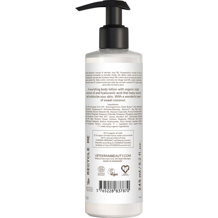 Urtekram Coconut Body Lotion 245 ml nærende kropspleje set bagfra med ingrediensliste og sort pumpe.