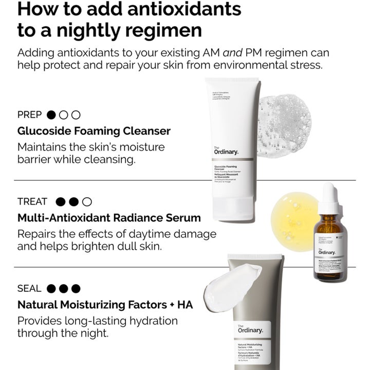 The Ordinary Multi-Antioxidant Radiance Serum 30 ml i infografik over aftenrutine der reparerer og giver glød.