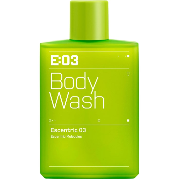 Escentric Molecules Escentric 03 Body Wash opfriskende kropsvask i en firkantet limegrøn flaske med hvid tekst.