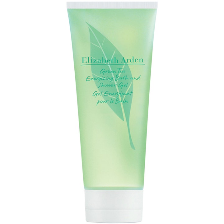 Elizabeth Arden Green Tea Energizing Bath and Shower Gel opfriskende kropsvask i lysegrøn tube med et stort blad.