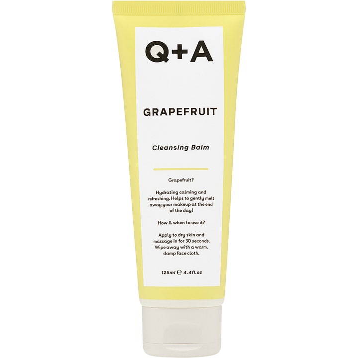 Q+A Grapefruit Cleansing Balm 125ml opfriskende ansigtsrens i gul tube med hvid etiket fjerner effektivt makeup