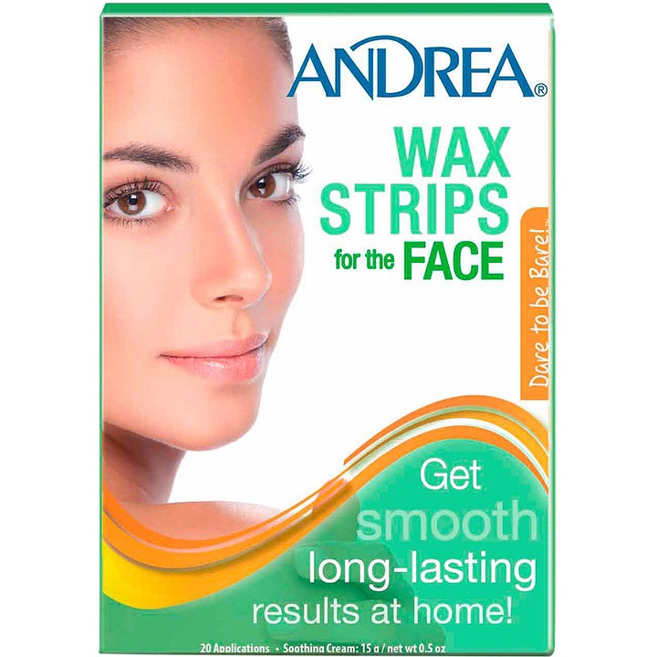 Andrea Wax Strips for the Face 20 stk hårfjerning giver glat hud i grøn og hvid æske med et smilende kvindeansigt