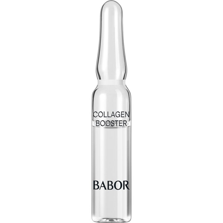 Babor Collagen Booster 2 ml opstrammende serum i en enkelt klar glasampul med sort tekst og gennemsigtig væske.