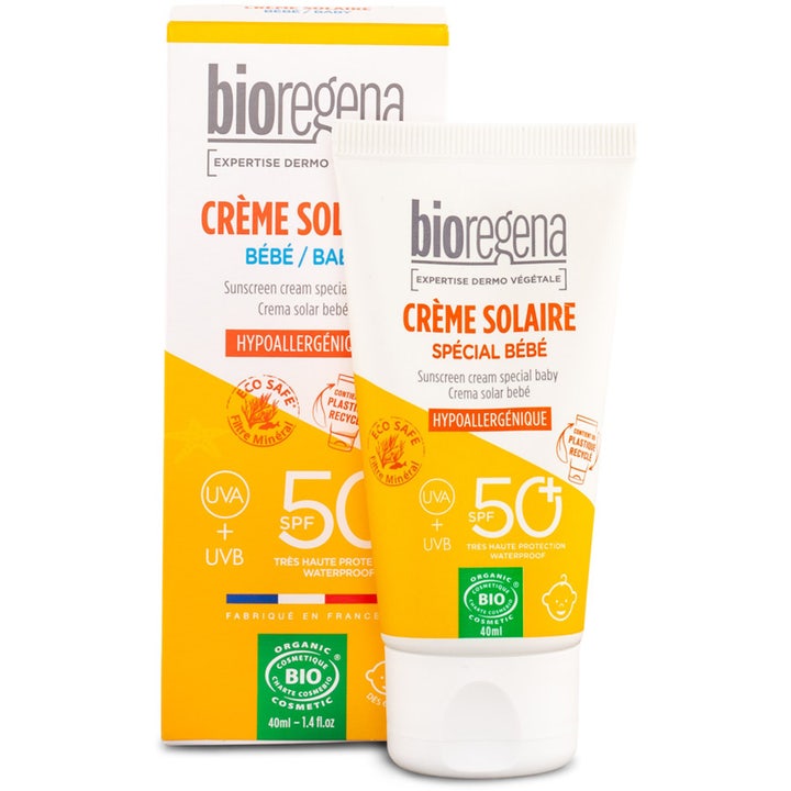 Bioregena Crème Solaire Bébé SPF 50 40 ml solcreme til baby i hvid tube med gul emballage