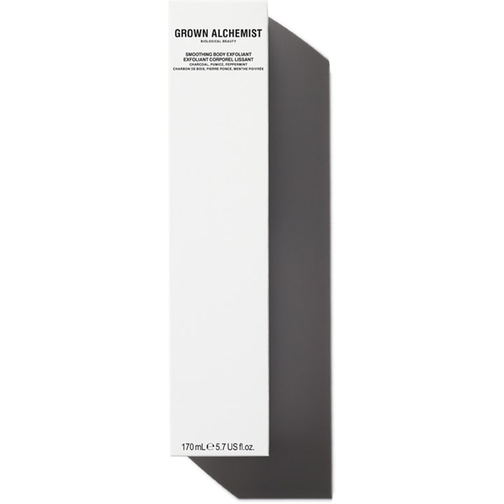 Grown Alchemist Smoothing Body Exfoliant 170 ml udglattende body scrub i hvid papæske med sort tekst