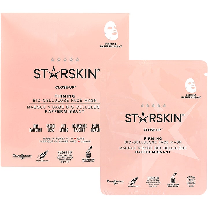 Starskin Close Up Firming Bio-Cellulose Face Mask 40 g opstrammende ansigtsmaske i lyserød emballage og sachet.
