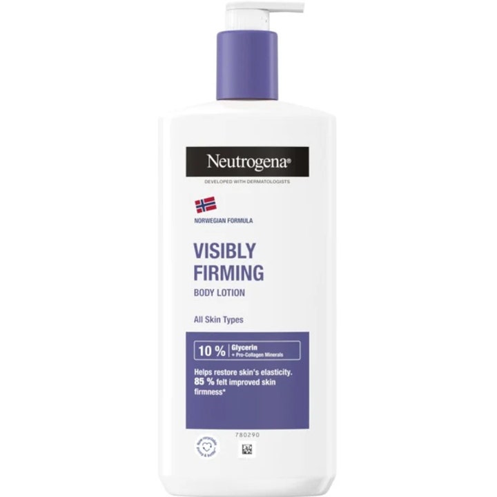 Neutrogena Visibly Firming Body Lotion opstrammende bodylotion i hvid pumpeflaske med lilla detaljer og 10 % glycerin
